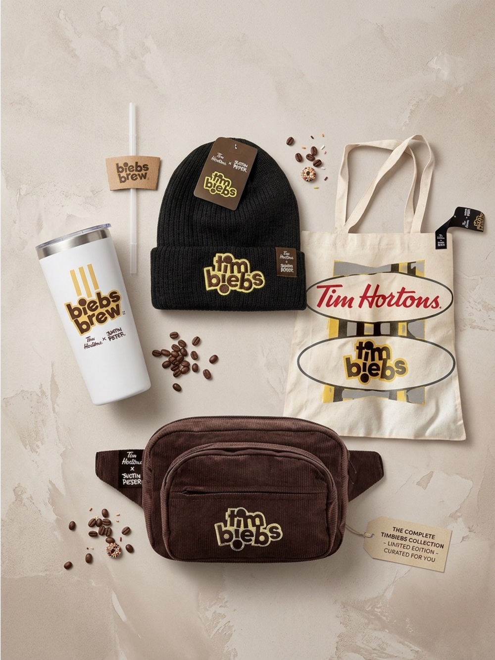 Justin Bieber X Tim Hortons Tim Biebs Bundle - Beanie, Fanny Pack, Tote, Tumbler